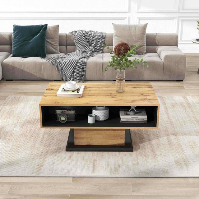 Aosom Couchtisch in Eiche Anthrazit mit Holzmaserung, griffloser Schublade und offenem Bodenfach, B/T/H: 100 x 60 x 47 cm - Bild 1