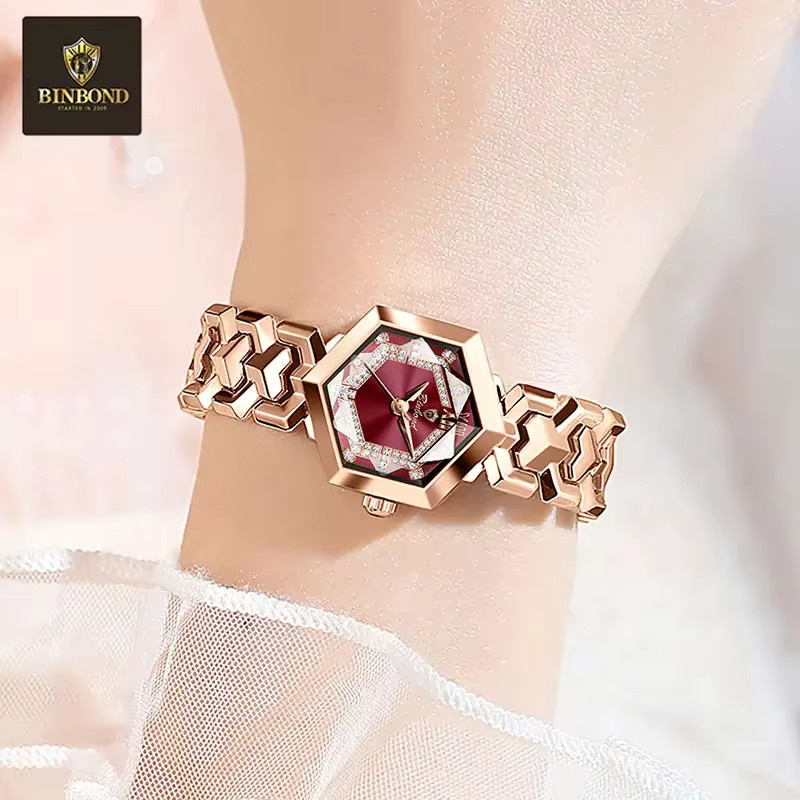 BINBOND Armbanduhr Damen, Edelstahl, Roségold, Quarz, Diamantbesetzt, Eckig - Bild 2