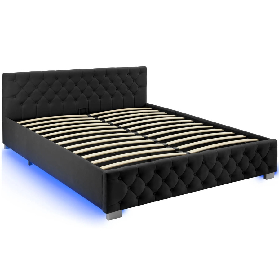 Tectake Polsterbett Daytona in Samtoptik mit Steppmuster und indirekter LED-Beleuchtung, Schwarz, B/T/H: 217 x 187,5 x 83 cm, Liegefläche 180 x 200 cm - Bild 2