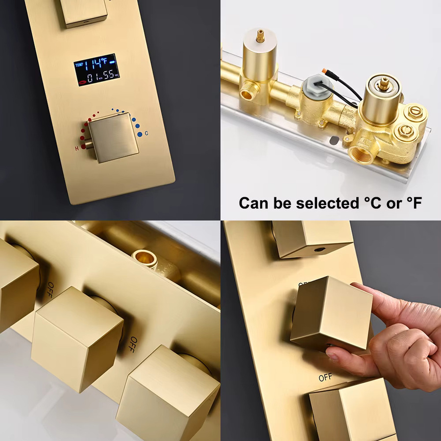 Boen Duschsystem mit LED-Duschkopf und Thermostatmischer in Gold aus Messing mit Massagefunktion und Handbrause - Bild 3