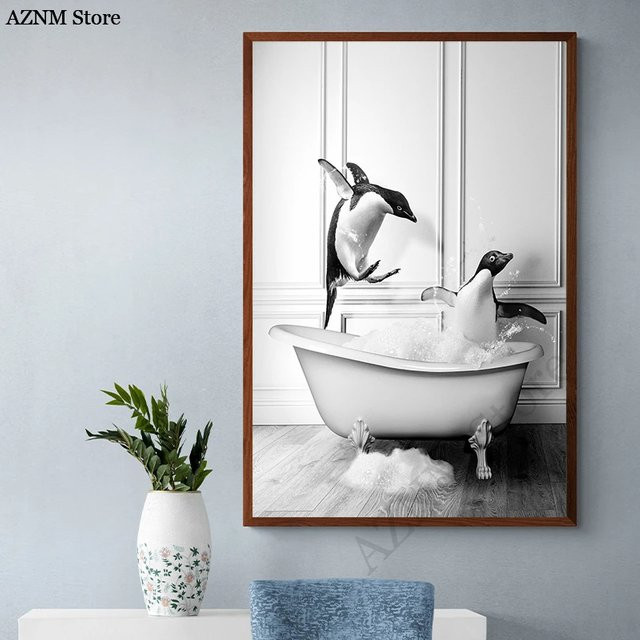 Potdemiel Wandkunst Leinwandbild Tierbad in der Badewanne mit Tiger, Giraffe, Elefant und Pinguin für das Kinderzimmer - Bild 1
