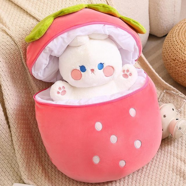 Kidsly Plüschtier Kaninchen Schwein in Erdbeertasche, 40cm, Rosa / Pink - Bild 1