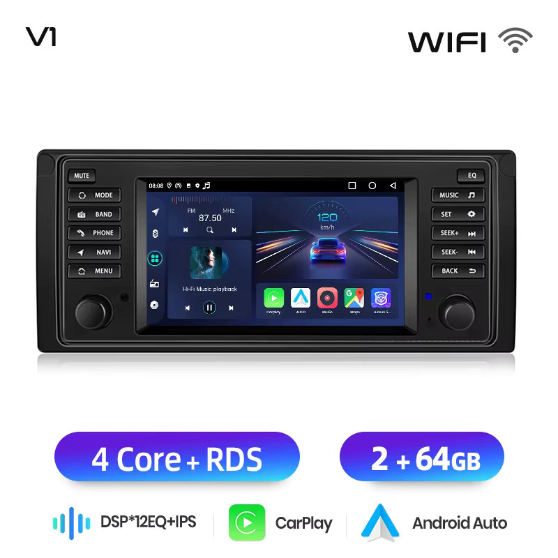 Junsun 7-Zoll Kabelloses CarPlay und Android Auto Autoradio für BMW 5er E39 X5 E53 M5 in Schwarz mit IPS Touchscreen und Multimedia-Funktionen - Bild 5