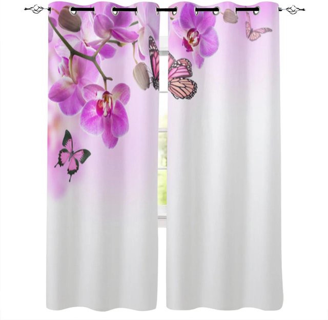 A Family Of Home Textiles Vorhang mit lila Phalaenopsis Orchideen und Schmetterlings-Print, semi-transparent, 2er-Set, Breite: 50 cm, Höhe: 50 cm - Bild 1