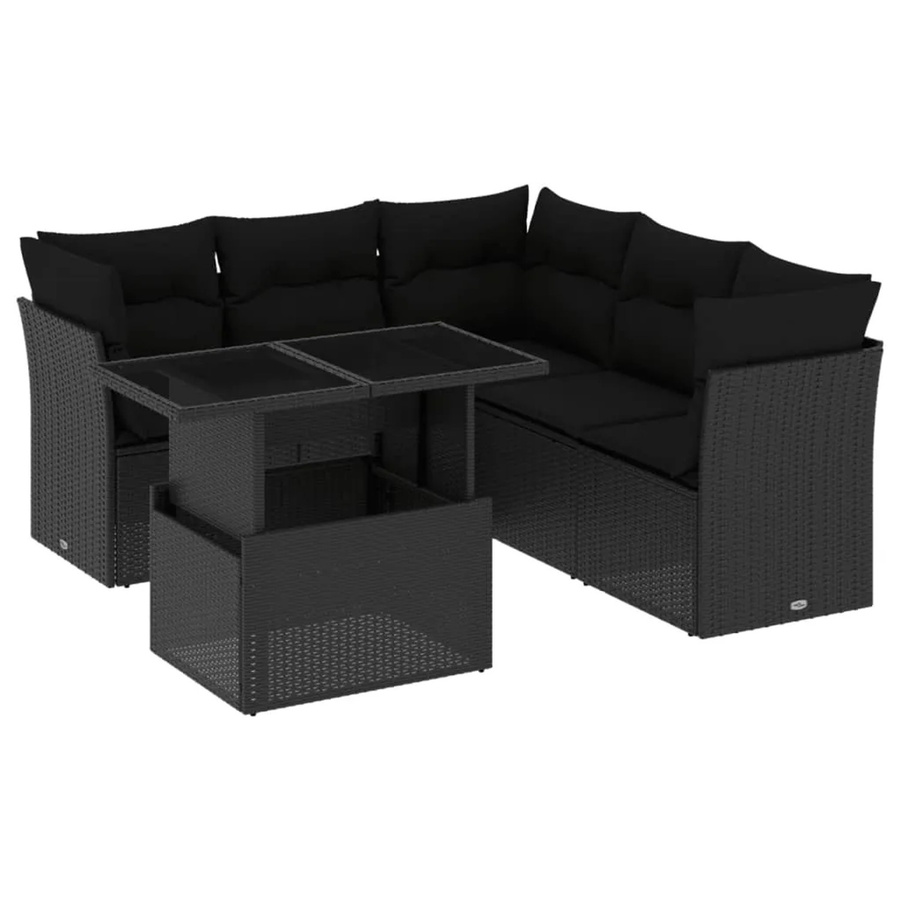 vidaXL 6-teilige Garten-Sofagarnitur in L-Form aus schwarzem PE-Rattan mit Kissen und Gartentisch - Bild 2