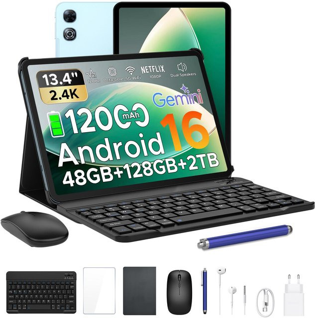 POCKAM P13 Tablet Blau mit Tastatur und Stifteetui, 13,4 Zoll 2,4K 120Hz, Android 16, 48 GB RAM, 128 GB Speicher, 12000 mAh, Widevine L1, Dual-Lautsprecher - Bild 1