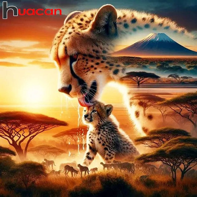 Huacan Diamantgemälde Leopard in Landschaft mit Sonnenuntergang, Mehrfarbig, B/H: 20 x 20 cm - Bild 1
