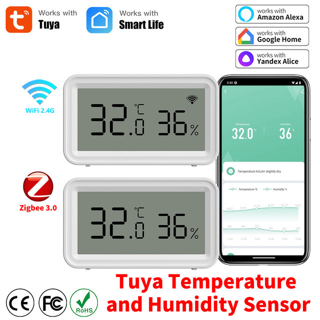 Tuya Smart Temperatur und Feuchtigkeit Sensor mit WiFi und Zigbee 3.0, weißes Hygrometer mit App-Steuerung und Kompatibilität für Yandex und Alexa - Bild 1