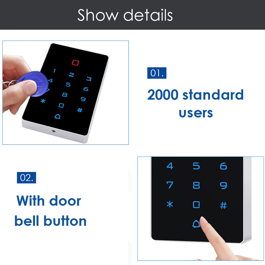 LUCKING DOOR Wasserdichtes Touch-Zutrittssystem mit WLAN-Unterstützung, Tuya App, Hintergrundbeleuchtetem Tastenfeld, RFID-Kartenleser und Wiegand 26 I/O, Schwarz - Bild 4