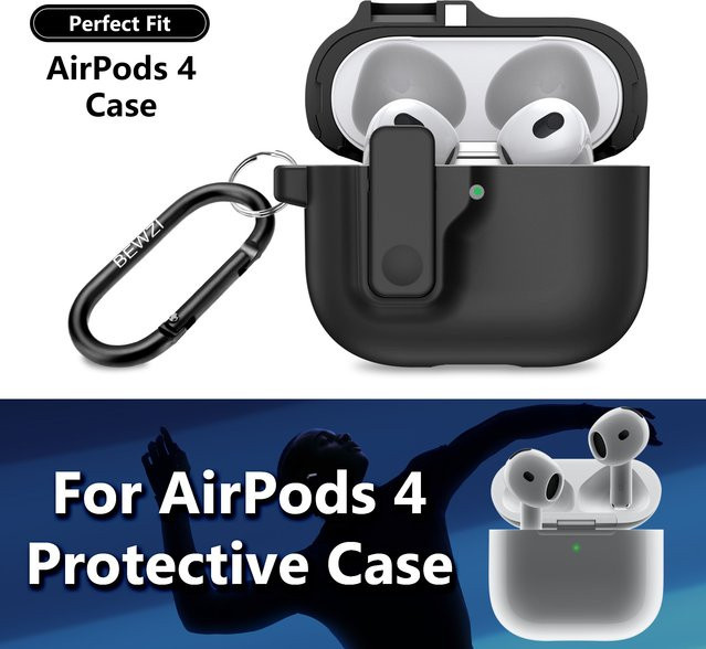 Schutzhülle für Apple AirPods 4 mit 2 Haken, Drucktastenschalter und magnetischem Pop-open-Deckel in Schwarz und Lila - Bild 1