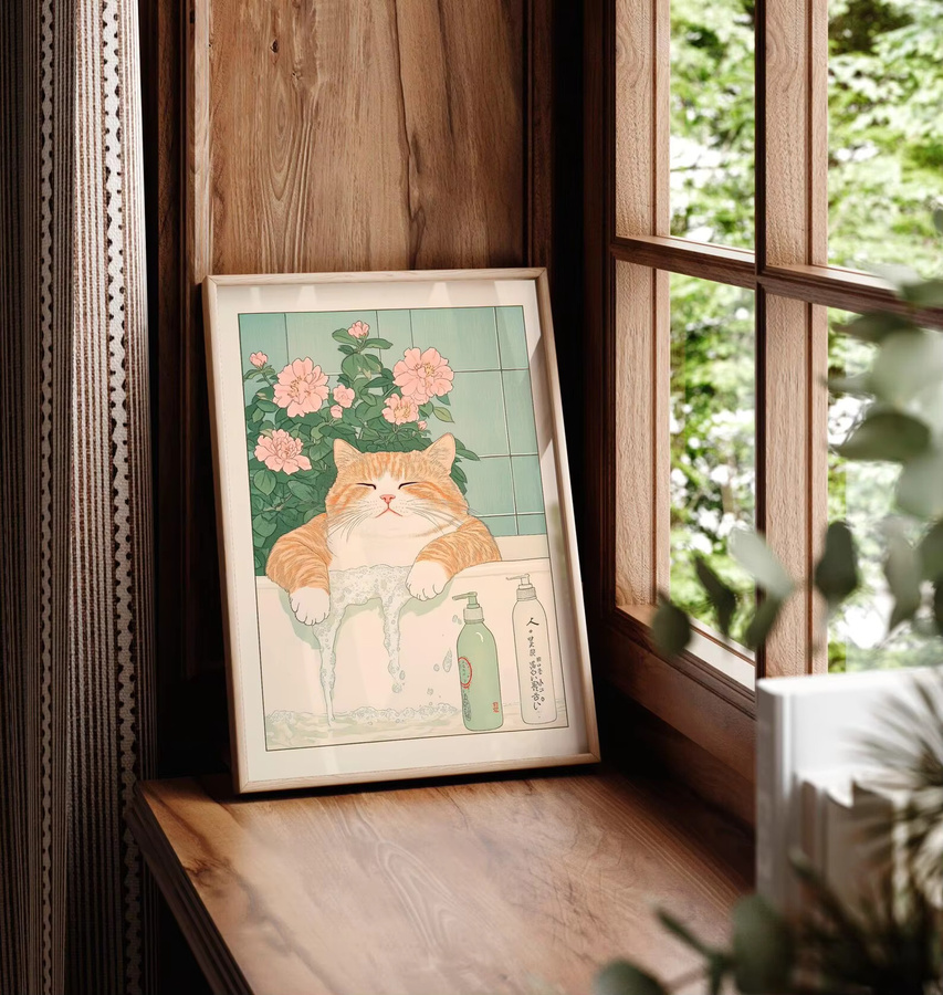 Ukiyo-e Katzendruck mit lustiger Ingwerkatze in der Badewanne, japanisches Wandposter im Retro-Stil, mehrfarbiges Tierporträt für deine Heimdekoration - Bild 2