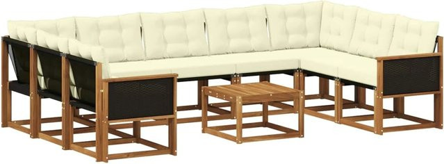 vidaXL Outdoor-Sofagarnitur L-Form aus Akazienholz mit 10 Kissen in Beige und Weiß - Bild 1