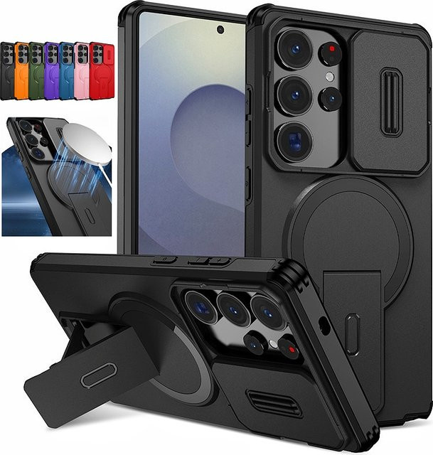 Slide Lens Protect Armor Case für Samsung Galaxy S26 S25 S24 Plus FE A26 A36 A56 A17 5G Stand Cover aus Hard PC und TPU in Schwarz - Bild 1