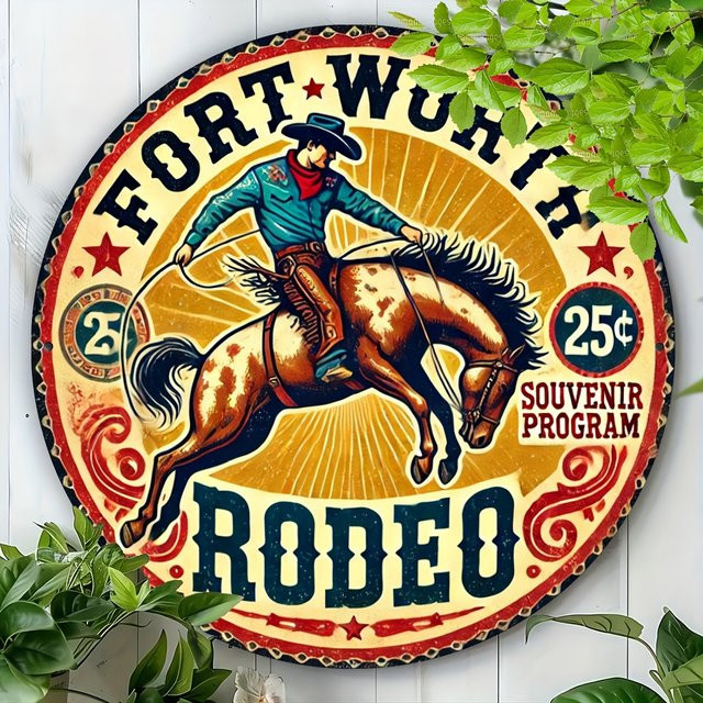 Potdemiel Vintage Fort Worth Rodeo Rundes Metallschild mit Cowboy- und Pferdedesign, Durchmesser: 20,3 cm, Mehrfarbig - Bild 1