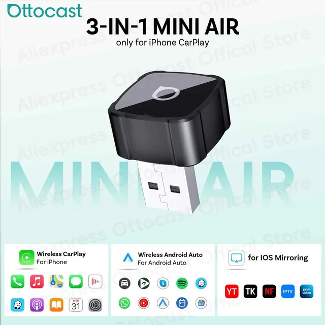 Ottocast Mini Air Tiny Cube 4.0 Kabelloser CarPlay und Android Auto Adapter in Schwarz mit USB-A und USB-C Anschluss für iPhone iOS Bildschirmübertragung - Bild 1