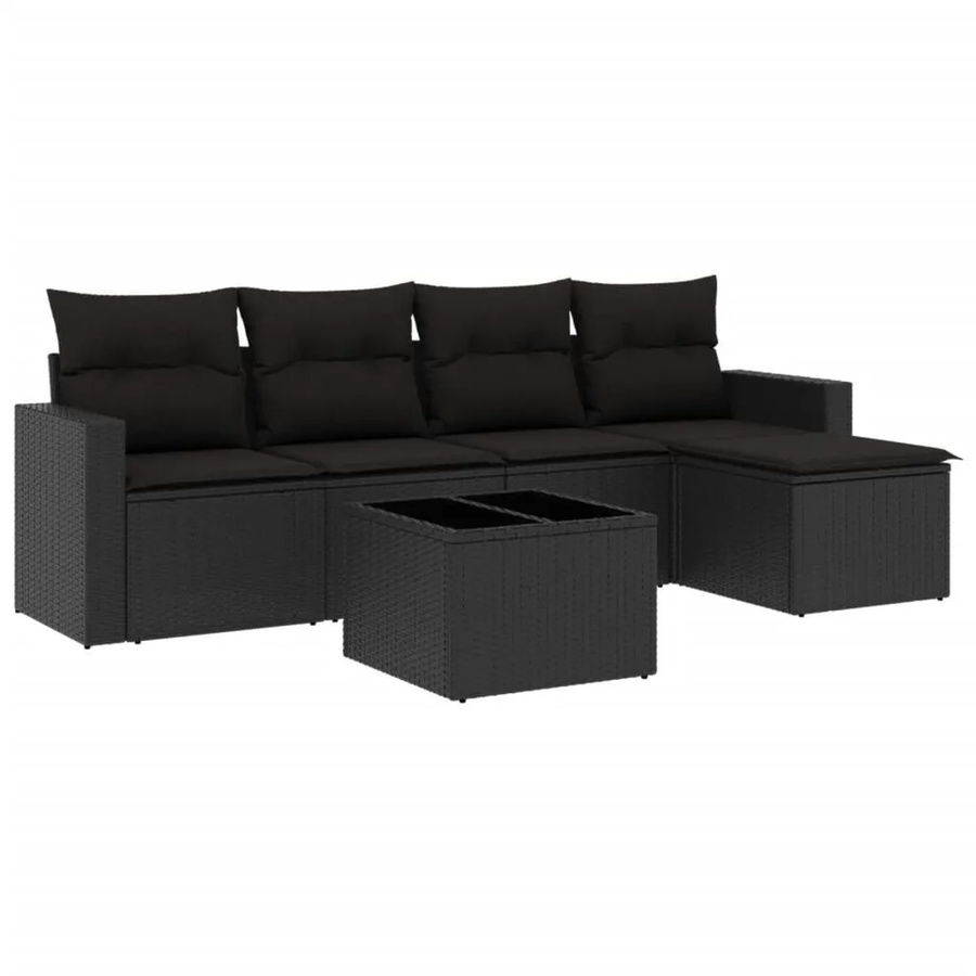 vidaXL 6-teilige Garten-Sofagarnitur in L-Form aus Polyrattan mit Kissen und Glastisch in Schwarz - Bild 2