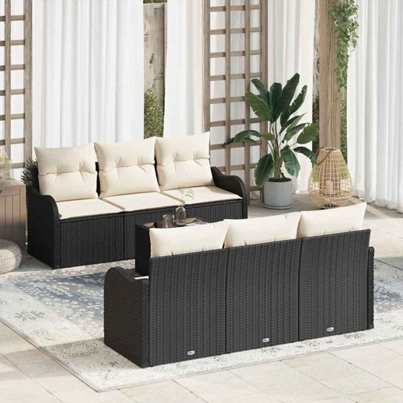 vidaXL Garten-Sofa-Set aus Polyrattan mit Kissen, 7-teiliges Loungemöbel-Set in Schwarz und Creme, B/T/H: 55 x 55 x 37 cm - Bild 1