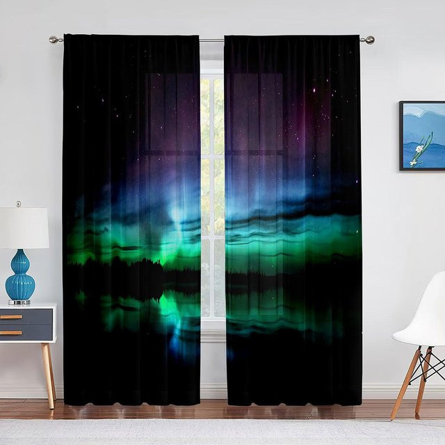 Super Six Tüllvorhang Aurora über den Bergen, transparenter Voile-Volant mit Naturlandschaft-Print, B: 100 cm, H: 250 cm - Bild 1