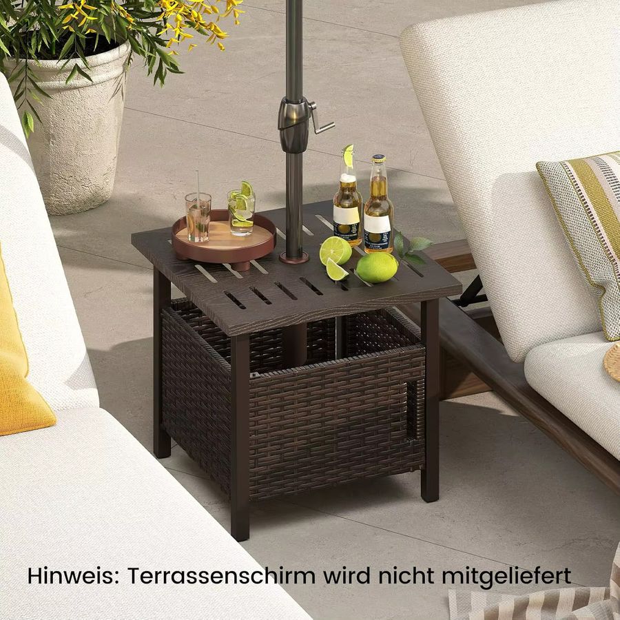 Wetterfester Beistelltisch aus Rattan in Braun mit Schirmloch für Garten und Balkon von GOFLAME - Bild 3