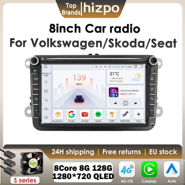 Hizpo Carplay Android Auto Autoradio mit GPS in Schwarz für VW Caddy Polo Golf 5 6 Plus Passat B6 Jetta Tiguan Touran Sharan Scirocco 2Din 4G - Bild 1