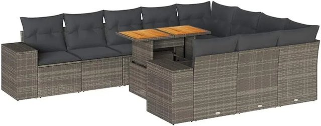 vidaXL 10-teilige Garten-Sofagarnitur aus Poly-Rattan und Akazienholz in Grau mit Kissen - Bild 1