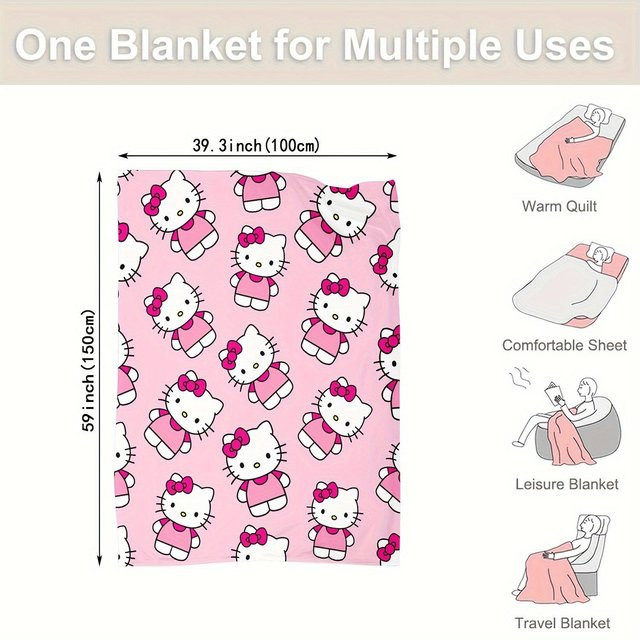 Sanrio Hello Kitty Flanellanzecke rosa und weiß, weiche flauschige Decke für alle Jahreszeiten, B/B: 100 x 150 cm - Bild 1