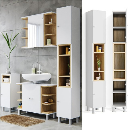Vicco Badschrank Aquis Badezimmer Hochschrank in Eiche und Weiß B/T/H: 30 x 30 x 190 cm