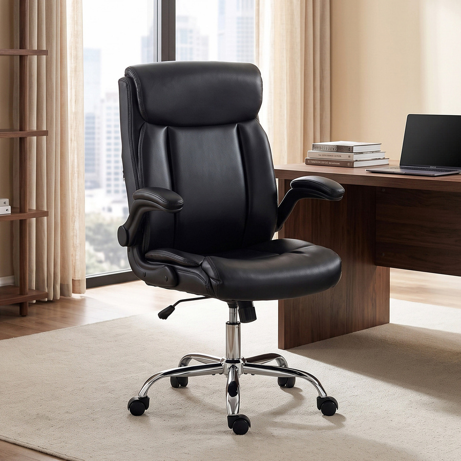 HOMCOM Ergonomischer Bürostuhl mit klappbaren Armlehnen in Schwarz, höhenverstellbarer PU-Bürosessel mit hoher Rückenlehne, Wippfunktion und 360-Grad-Drehung für Home Office und Studio - Bild 2