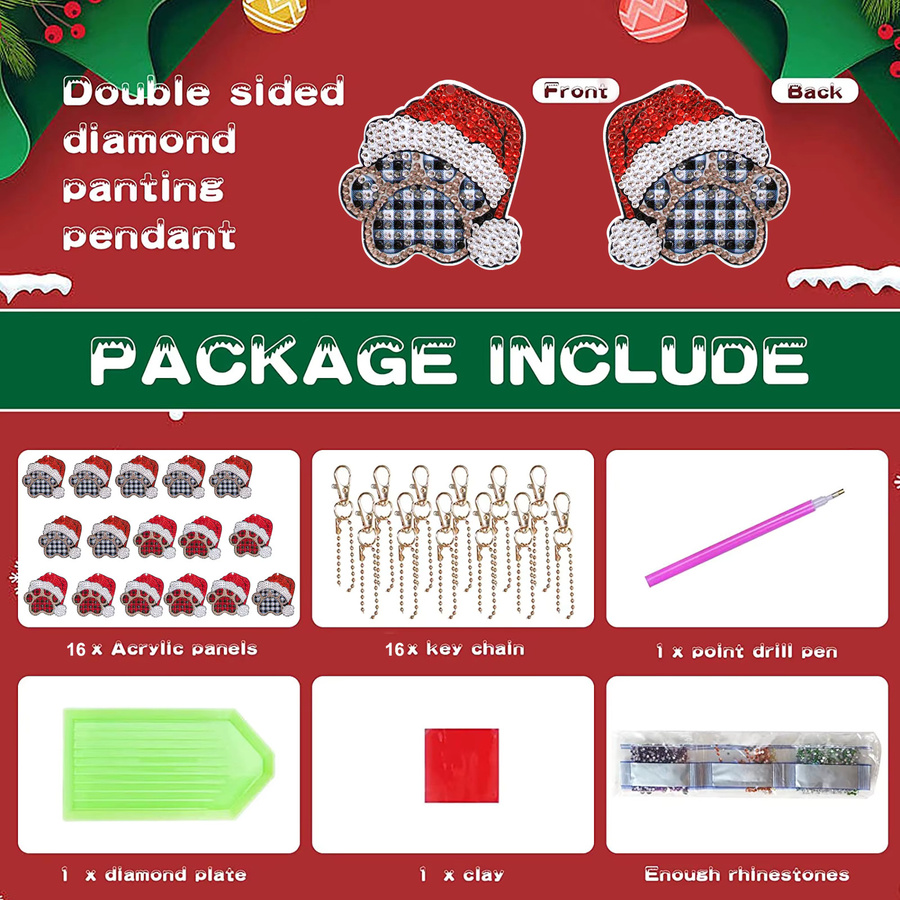 16er Set DIY Diamantmalerei Schlüsselanhänger mit Weihnachtsbaum und Pfoten-Motiven in Multicolour - Bild 2