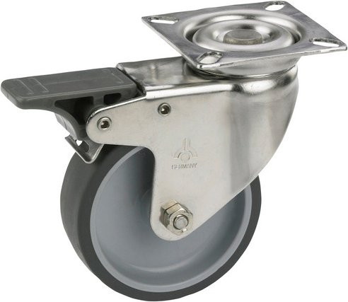 Dörner+Helmer Lenkrolle mit Platte und Totalfeststeller aus thermoplastischem Kunststoff TPE in Silber - Bild 1