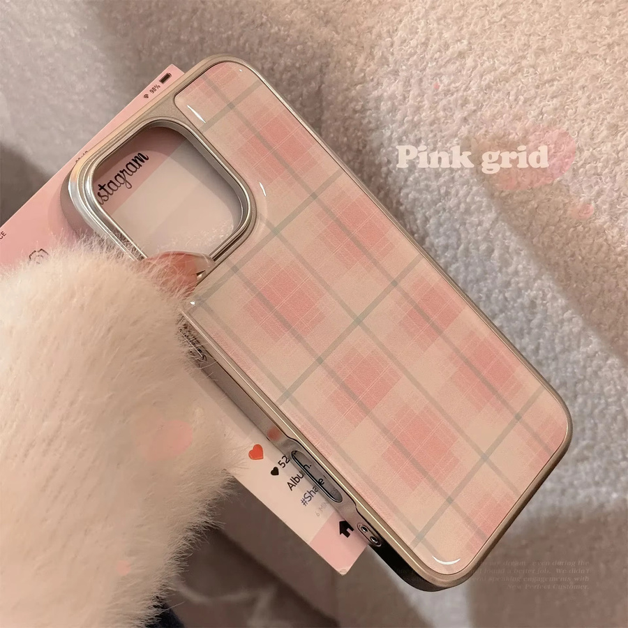 Potdemiel Handyhülle mit rosa Gittermuster und Splitterrand-Design für iPhone 12 bis iPhone 17 Pro Max, stoßfeste Hardcover Hülle - Bild 2