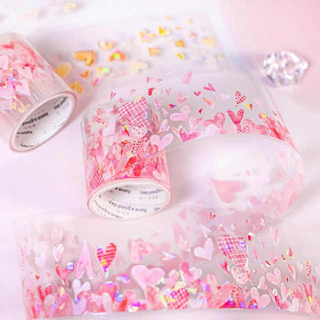 JIANQI Dekoration Klebeband mit Herz-Motiv, PET Washi Tape in Pink und Multicolour, Breite: 4 cm, Länge: 2 m - Bild 1