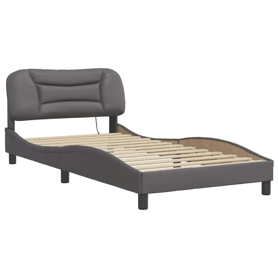 vidaXL Bettgestell Hvar in Grau mit LED-Unterbettbeleuchtung und USB-Ladeport aus Kunstleder und Kiefernholz, B/T/H: 100 x 200 x 218 cm - Bild 2