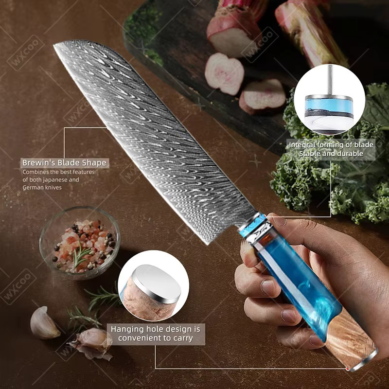 WXCOO Professionelles Küchenmesser-Set aus VG10-Damaststahl mit blauem Harzgriff inklusive Kochmesser, Obstschäler, Fleischbeil und Ausbeinmesser - Bild 2