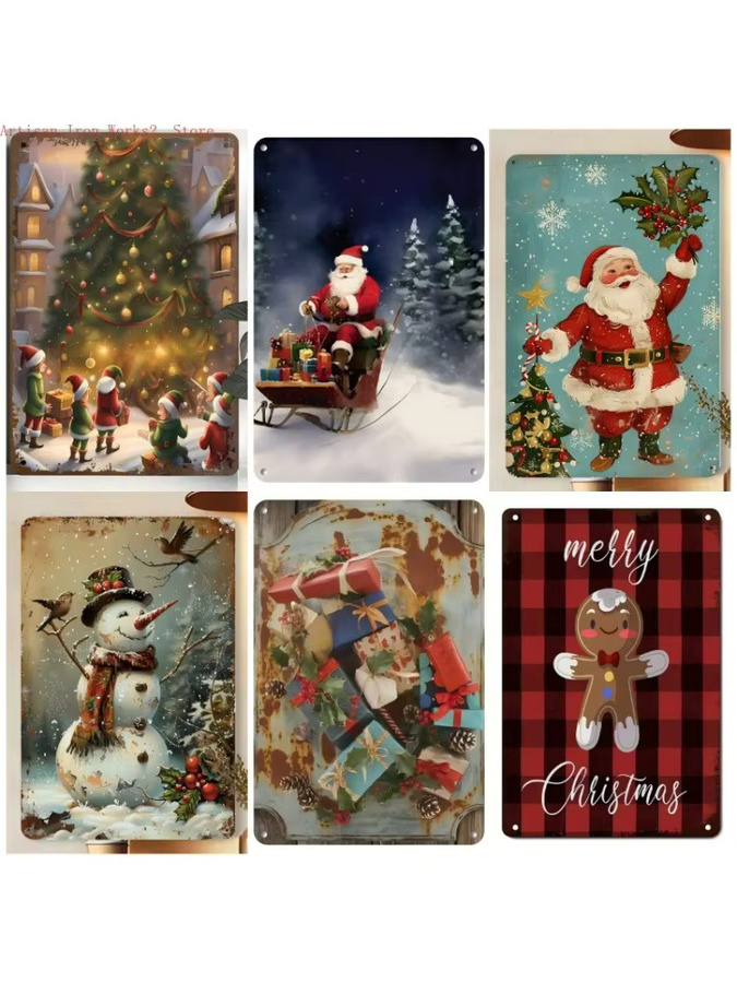 6er-Set Vintage Weihnachtsmann Metallblechschilder von Potdemiel, rustikale Retro Wandkunst aus Eisen mit Weihnachtszitaten, mehrfarbig, rechteckig - Bild 5