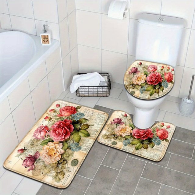 VIKAMA Vintage Blumen-Badematte im Ölgemälde-Stil, rutschfester und wasserabsorbierender Teppich in Multicolour - Bild 1
