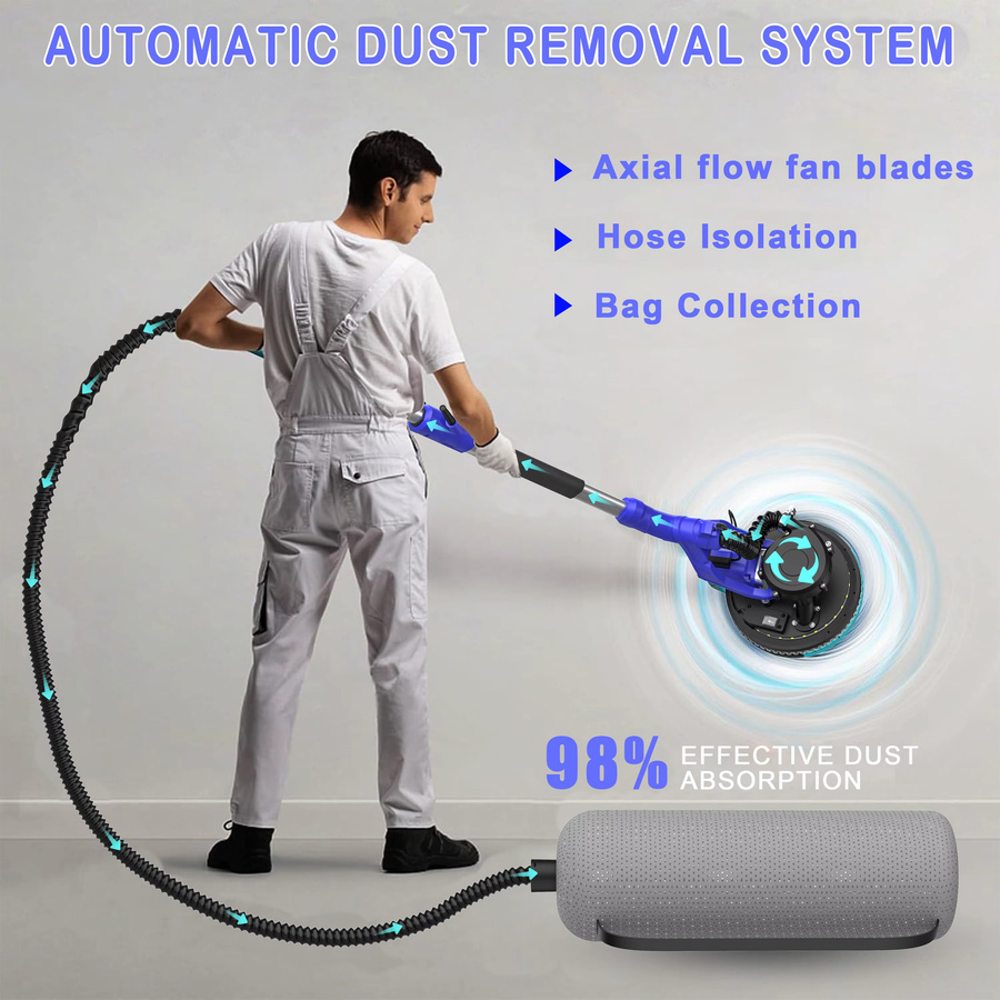 OWJHE Elektrischer Trockenbauschleifer mit Selbstabsaugung und LED, blaue Wand-Schleifmaschine mit langem Stab, Durchmesser: 220 mm - Bild 5