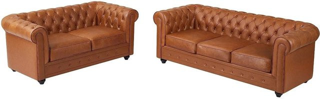 Vente-unique Chesterfield Couchgarnitur aus Rindsleder in Camel mit 2-Sitzer und 3-Sitzer - Bild 1