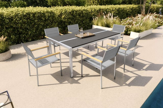 OUTFLEXX Gartenessgruppe in Silber aus Edelstahl, Keramik, Textilene und Teakholz mit Tisch und 6 Stapelstühlen, Tisch Breite: 200 cm, Tiefe: 100 cm - Bild 1