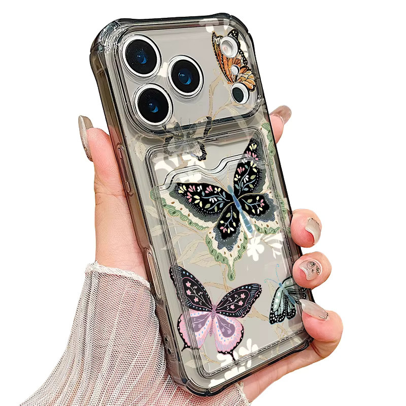 YISHANGOU Handyhülle mit Schmetterlingsmuster und Kartenfach für iPhone 11 bis iPhone 17 Pro Max, Transparent, weiches Silikon-TPU - Bild 2
