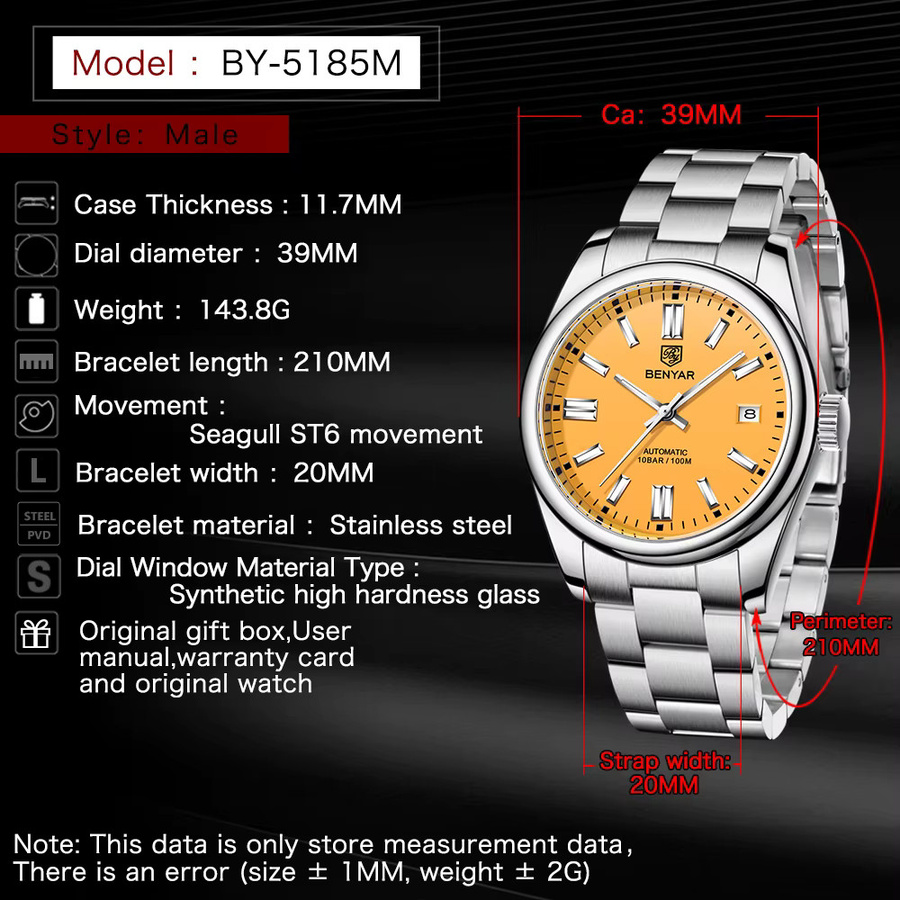 BENYAR Armbanduhr Automatik, Edelstahl, Schwarz, Saphirglas, Herren - Bild 6