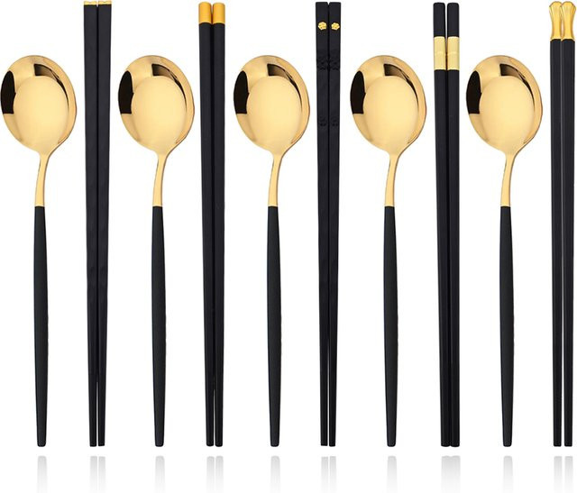 Uniturcky Essstäbchen und Löffel Set aus Edelstahl in Schwarz und Gold, 10 Stück mit rutschfestem Griff - Bild 1
