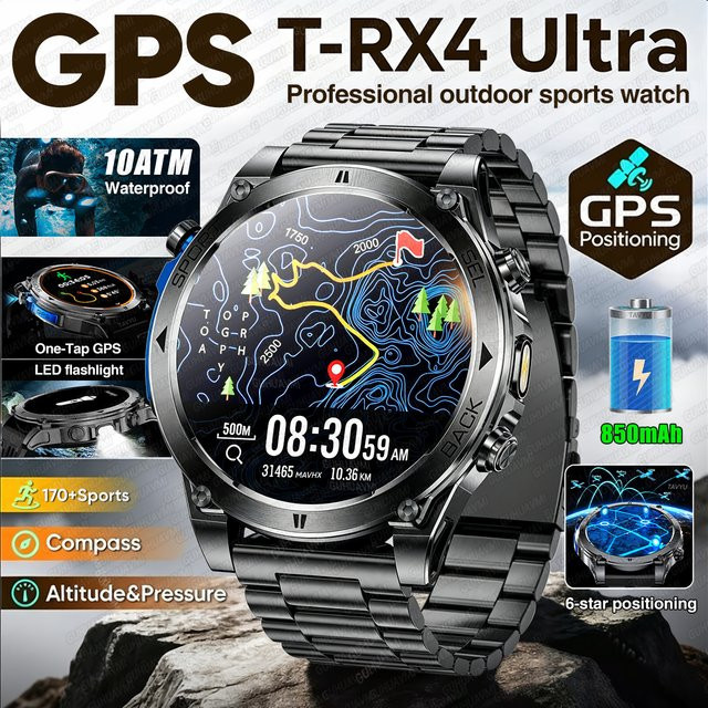 GUHUAVMI T-RX4 Ultra GPS Smartwatch für Herren mit 6-Sterne GPS-Positionierung, 10ATM Wasserdichtigkeit, 850mAh Akku und Kompass in Schwarz oder Rot - Bild 1
