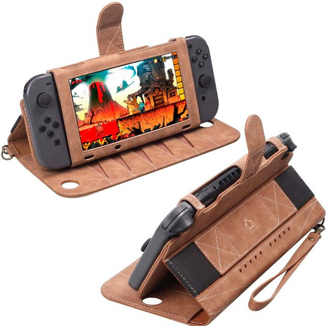 JONSNOW Multikartenfach PU-Leder-Hülle für Nintendo Switch OLED in Braun mit Standfunktion und Handschlaufe - Bild 1