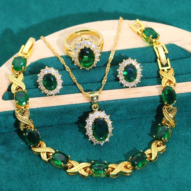 YIRAN Schmuck-Set, Kupfer, Zirkonia, Smaragd, Weiß, Unisex - Bild 1