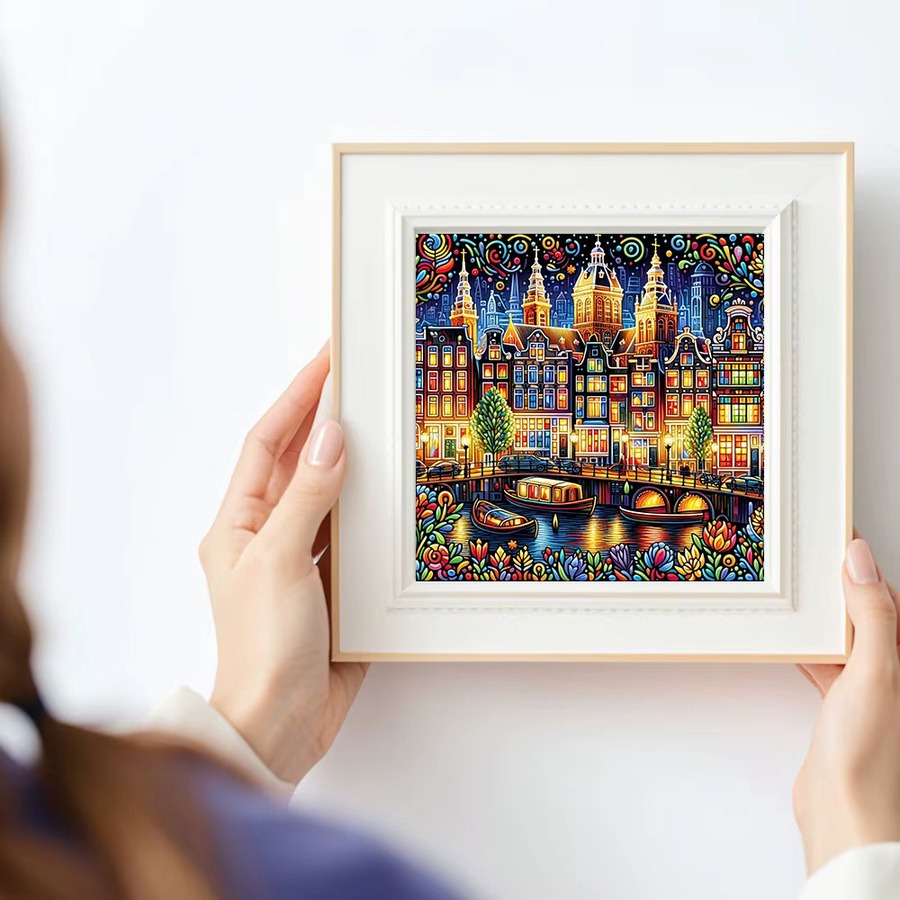 Huacan Diamantmalerei Nachtstadt-Gebäude Landschaft als Diamantstickerei in Multicolour, B/H: 20 x 20 cm - Bild 3