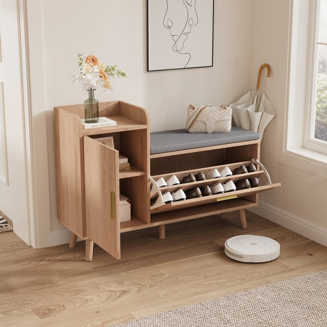Anajqaqia Schuhaufbewahrungsbank im skandinavischen Design mit gepolstertem Sitz, Klappschuhschrank aus Holz für Flur und Schlafzimmer, Farbe: Naturholz/Braun/Grau, B/T/H: 100 x 30 x 69 cm - Bild 1