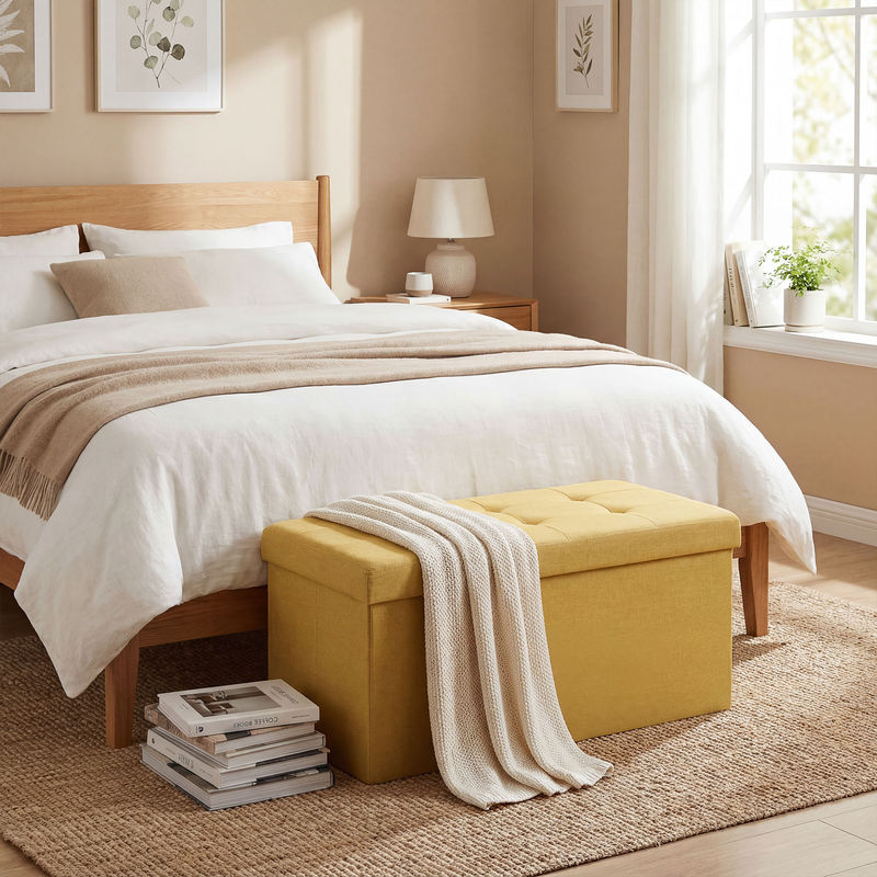 HOMCOM Aufbewahrungs-Pouf Gelb, Klappbare Aufbewahrungsbank aus synthetischem Leinen mit 84 L Volumen, Hocker für Wohnzimmer, Schlafzimmer und Diele, B/T/H: 76 x 38 x 38 cm - Bild 2