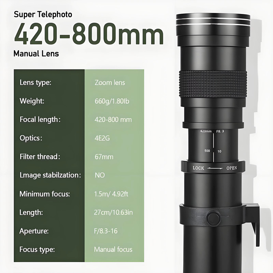 LIGINN Super-Teleobjektiv 420-800mm F/8.3 Manuelles Telezoom-Objektiv für Canon EF und Nikon F-Mount in Schwarz und Weiß - Bild 2