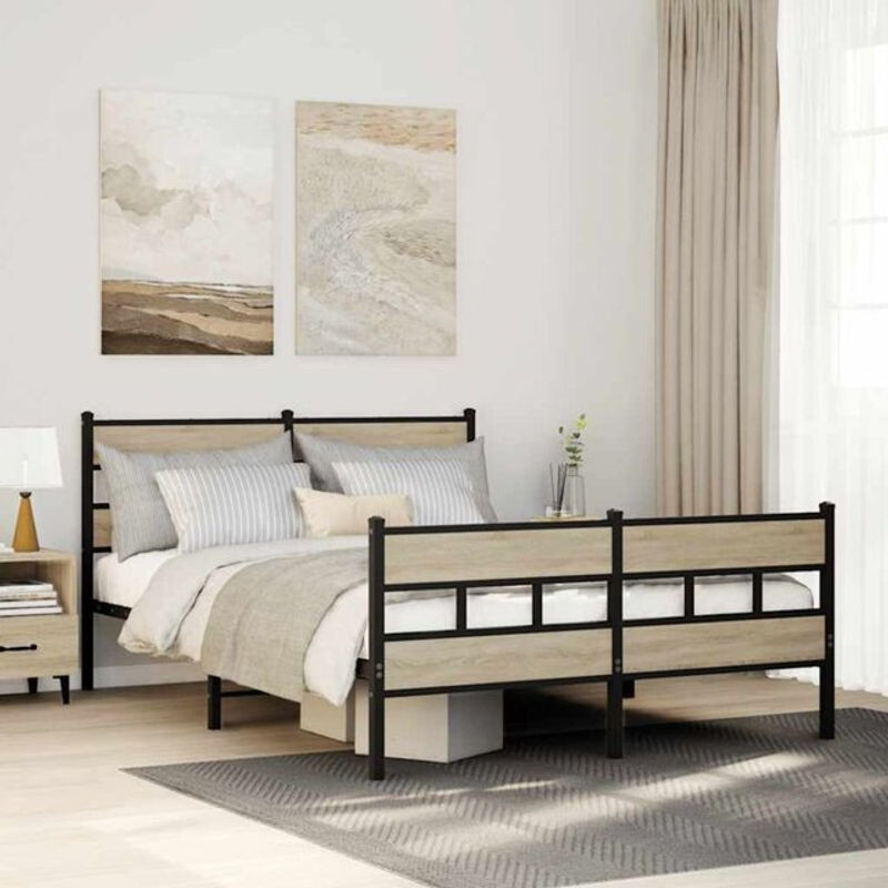 Metallbett vidaXL in Sonoma-Eichen-Optik und Schwarz, B/T/H: 190 x 135 x 91,5 cm - Bild 1
